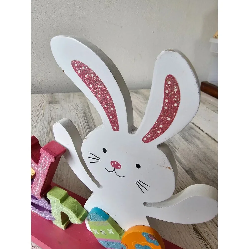 Happy Easter Bunny rabbit sign‎ decor glitter sparkle pastel
